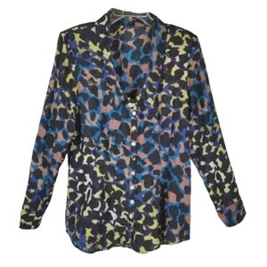 Nanette Lepore Silk Animal Print Fitted Size 12 Button Blouse Top Long Sleeve